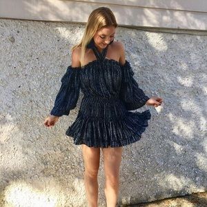 MISA Indie Off the Shoulder Dress XS Blue/White